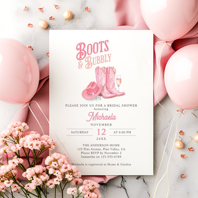 Stiefel & Bubbly Pink Western Cowgirl Brautparty Einladung (Von Creator hochgeladen)