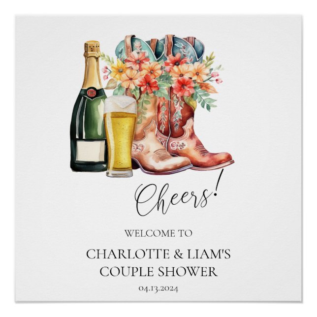 Stiefel, Bubbly und Brews Dusche Begrüßungszeichen Poster (Vorderseite)