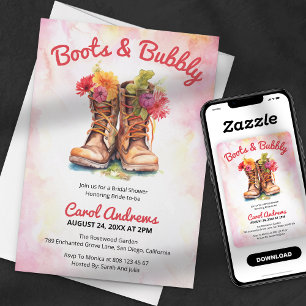 Stiefel & Bubbly Wasserfarben Floral Brautparty Einladung