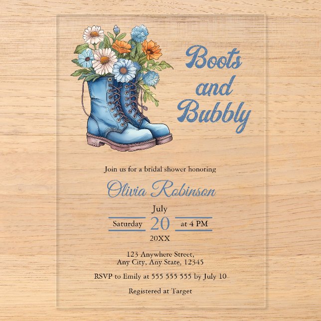 Stiefel & Bubbly Western Cowgirl Blue Brautparty Acryleinladungen (Vorderseite)