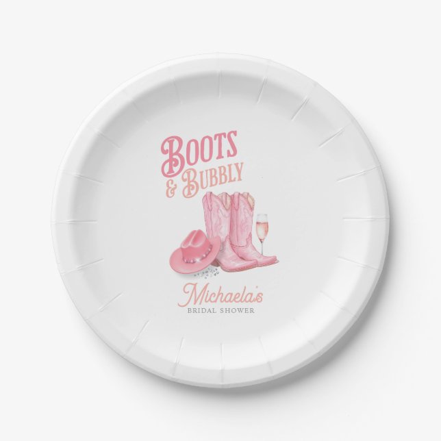 Stiefel & Bubbly Western Cowgirl Pink Brautparty Pappteller (Vorderseite)