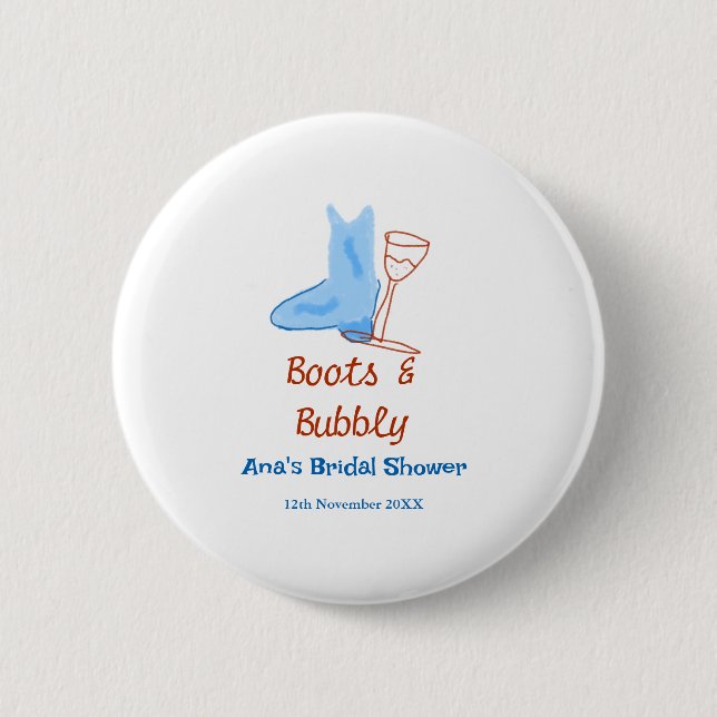 Stiefel & Sektflasche Brautparty blau Button (Vorderseite)