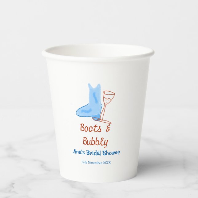Stiefel & Sektflasche Brautparty blau Pappbecher (Vorderseite)