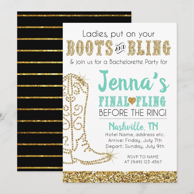 Stiefel und Bling Country Western Nashville Party Einladung (Vorne/Hinten)