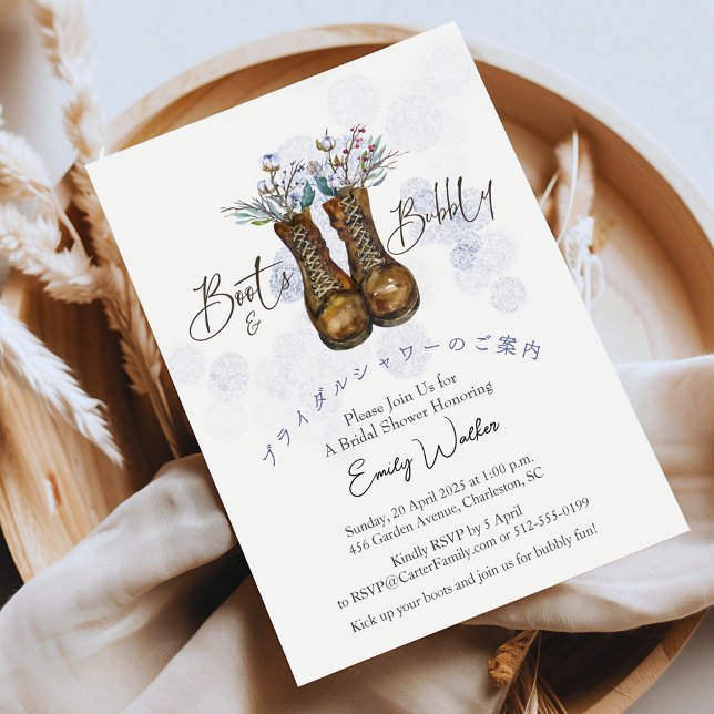 Stiefel und Bubbly Brautparty Winter Blue Floral Einladung (Von Creator hochgeladen)