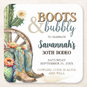 Stiefel und Bubbly Country Cowgirl Cactus Birthday Rechteckiger Pappuntersetzer