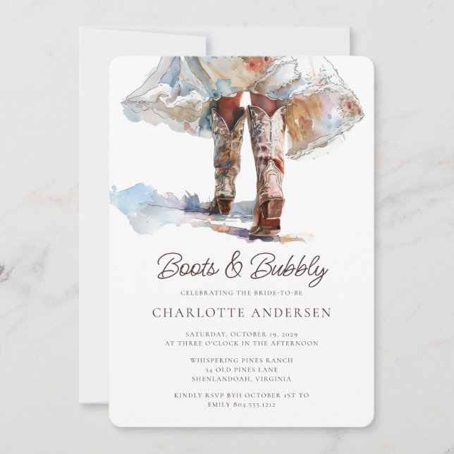 Stiefel und Bubbly Cowgirl Bridal Dusche Einladung (Vorderseite)