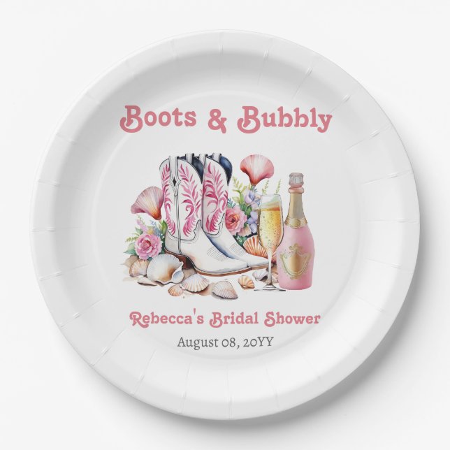 Stiefel und Bubbly Cowgirl Bridal Shower Pappteller (Vorderseite)