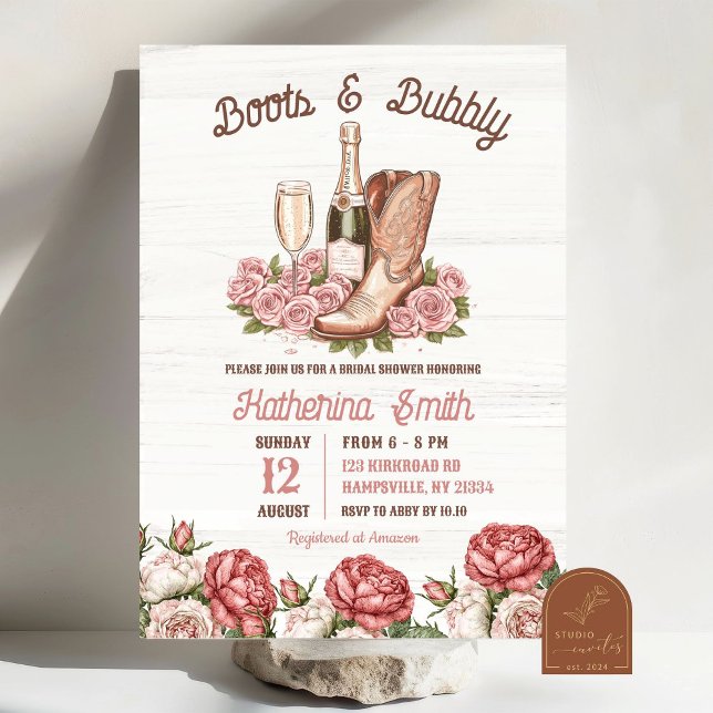 Stiefel und Bubbly Floral Champagner Brautparty Einladung (Von Creator hochgeladen)