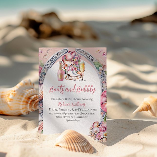 Stiefel und bubbly Pink Beach Western Brautparty Einladung (Von Creator hochgeladen)