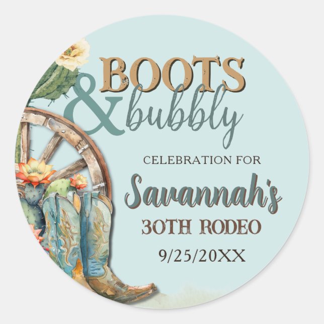 Stiefel und bubbly Rustic Cowgirl Aqua Blue Geburt Runder Aufkleber (Vorderseite)