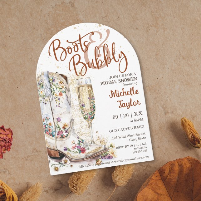 Stiefel und Bubbly Western Bride Wild West Country Einladung (boots and bubbly bridal shower invitation with cowboy boots with flowers and champagne glass)