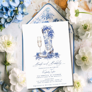 Stiefel und sprudelnde blaue Chinoiserie-Brautpart Einladung
