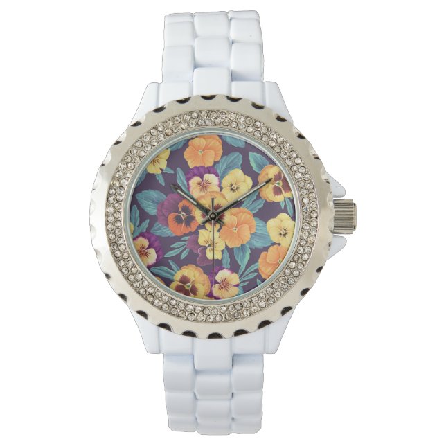 Stiefmütterchen auf Pflaumenviolett Armbanduhr (Vorderseite)