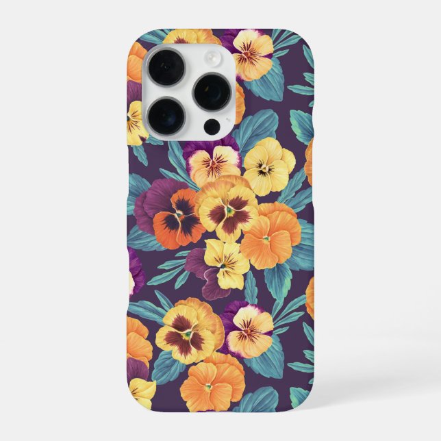 Stiefmütterchen auf Pflaumenviolett iPhone 16 Pro Hülle (Rückseite)