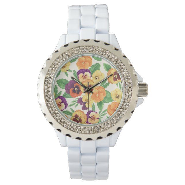 Stiefmütterchen auf weißlich armbanduhr (Vorderseite)