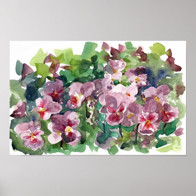 Stiefmütterchen-Blumengarten Burgunderrot Aquarell Poster (Vorne)
