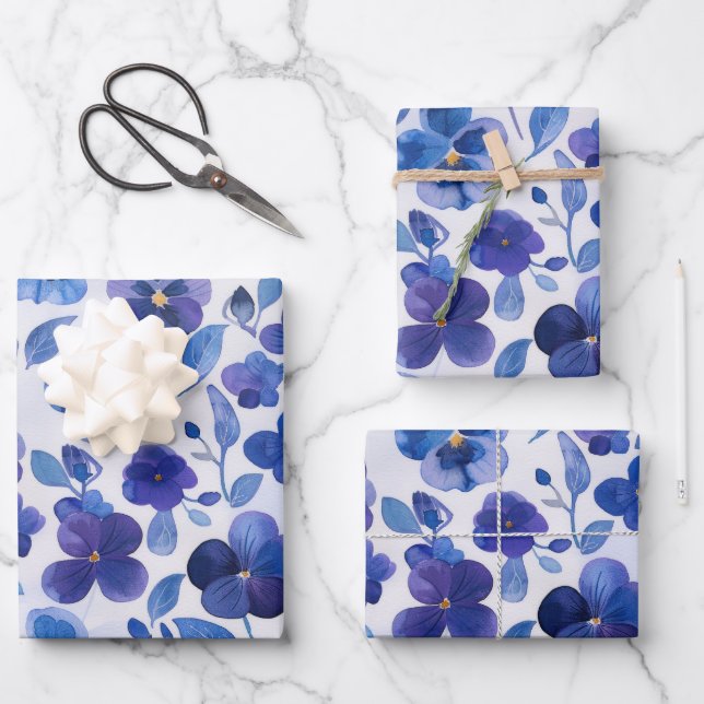 Stiefmütterchen im Aquarellstil Lila Blauer Blumen Geschenkpapier Set (Vorderseite)