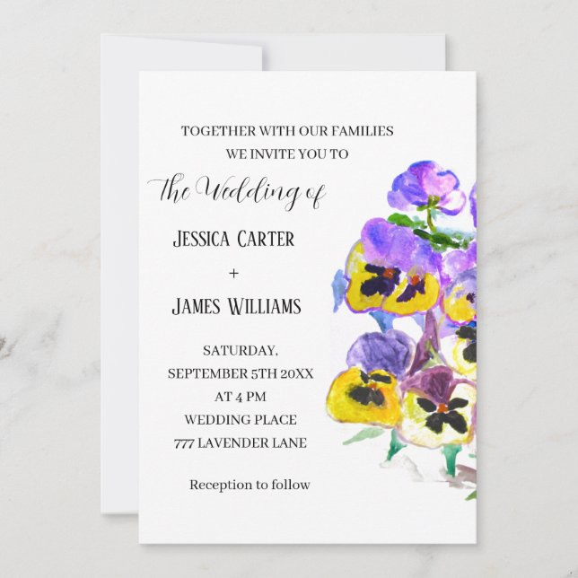 Stiefmütterchen Pansy Floral Watercolor Hochzeit Einladung (Vorderseite)