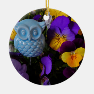 Stiefmütterchen und Eule Keramik Ornament