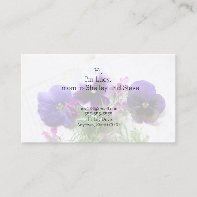 Stiefmütterchen und Lobelia auf alter Telefonnummerkarte (Vorderseite)