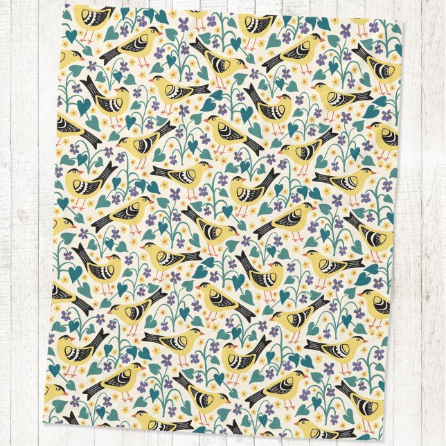 Stieglitz und Waldveilchen-Vogel-Blume Fleecedecke (Willow Goldfinch bird wood violet flower arts and crafts block print style fleece blanket)