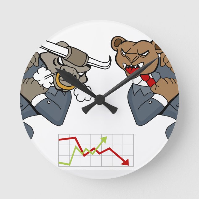 Stier-Bärn-Kampf-Börse-Cartoon Runde Wanduhr (Vorderseite)