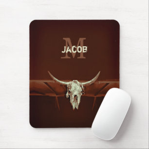 Stier-Schädel Braunes Monogramm Rustikaler Western Mousepad