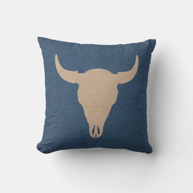 Stier-Schädel-und Horn-Denim-Blau Kissen (Vorderseite)