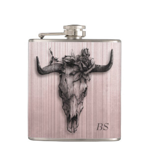 Stier-Schädel und Rose Streifen Rose Gold Monogram Flachmann