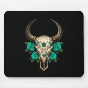 Stier-Zuckerschädel mit aquamarinen Rosen auf Mousepad