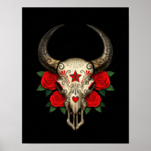 Stier-Zuckerschädel mit Roten Rosen auf Schwarzem Poster