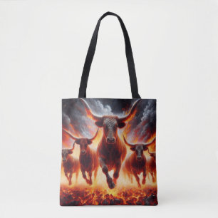 Stiere stürmen durch eine feurige Landschaft Tasche