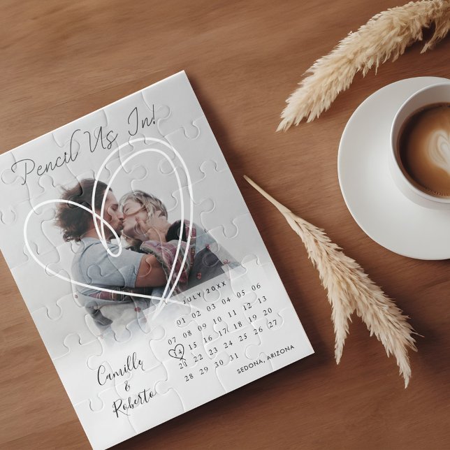 Stift im Kalender Modernes Minimales Foto (Pencil Us In Calendar Modern Minimal Couple Photo Jigsaw Puzzle)