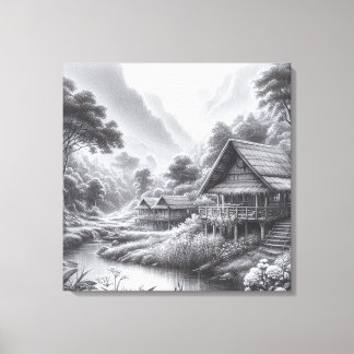 Stift Sketch einer gemütlichen Hütte am Fluss Leinwanddruck