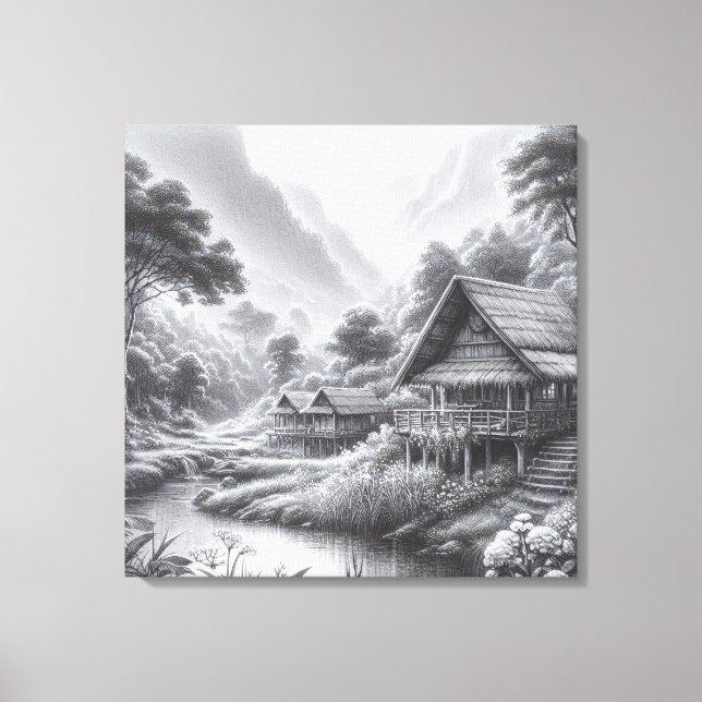Stift Sketch einer gemütlichen Hütte am Fluss Leinwanddruck (Vorderseite)