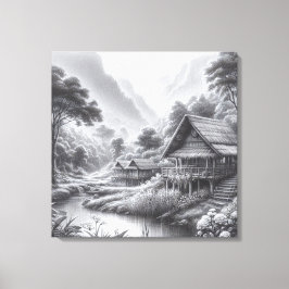 Stift Sketch einer gemütlichen Hütte am Fluss Leinwanddruck