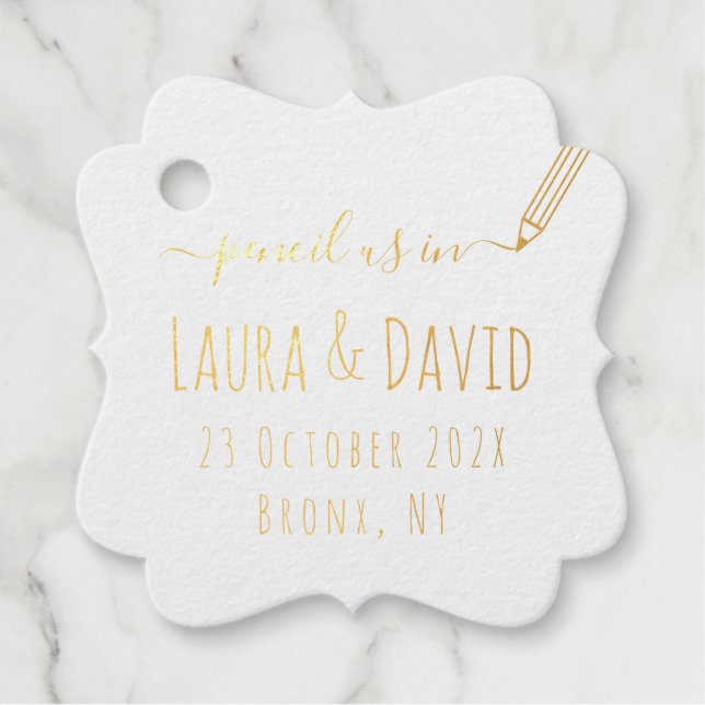 Stift uns Save the Date Hochzeitszitter Gold Geschenkanhänger (Vorderseite)
