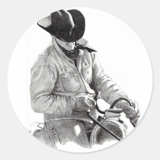 Stift Zeichnend Cowboy in Saddle, Western Art Runder Aufkleber (Vorderseite)