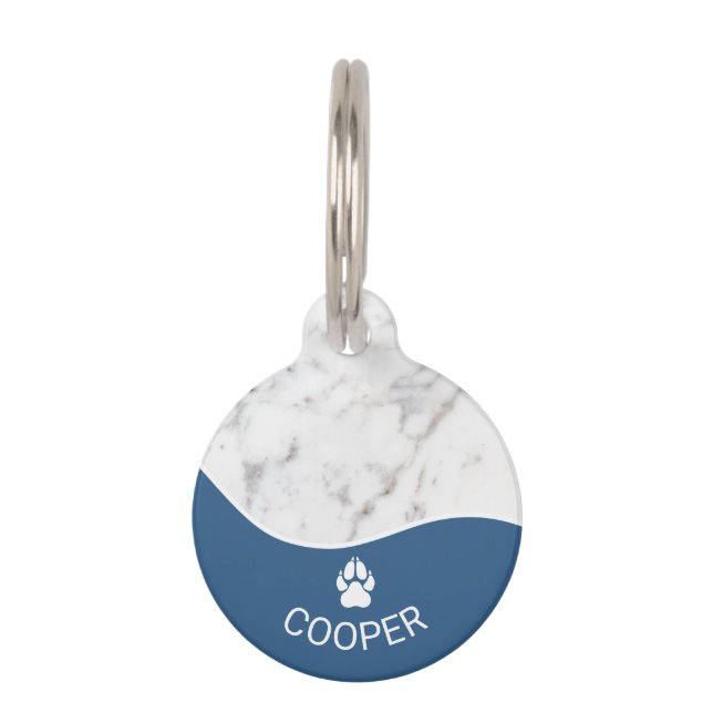 Stilblau mit Imitaten Marmortextur & Paw Print Haustiermarke (Vorderseite)