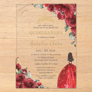 Stilechte Quinceañera rote Rosen Blumen Florale Pr Acryleinladungen