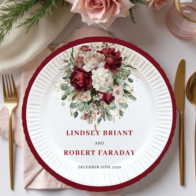 Stilechte tiefrote Blumen-Boho-Gold-Teller Pappteller (Stylish Deep Red Floral Boho Gold Plates)