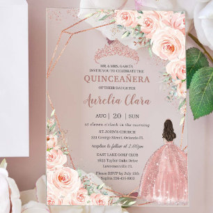 Stilechter Rosa Floraler Roségold Quinceañera Prin Acryleinladungen
