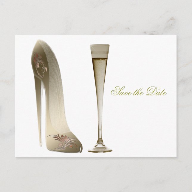 Stilett-Schuh und Champagne Ankündigungspostkarte (Vorderseite)
