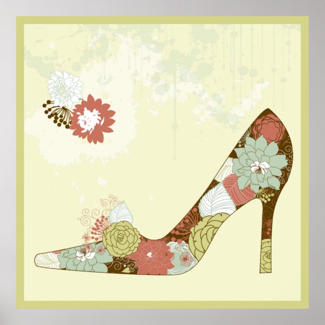 Stiletto Blumenschuhe Beige Brown & Green Akzent Poster (Vorne)