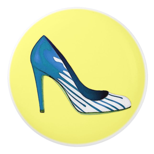 Stiletto-Pumpe, blau auf gelb Keramikknauf (Vorderseite)