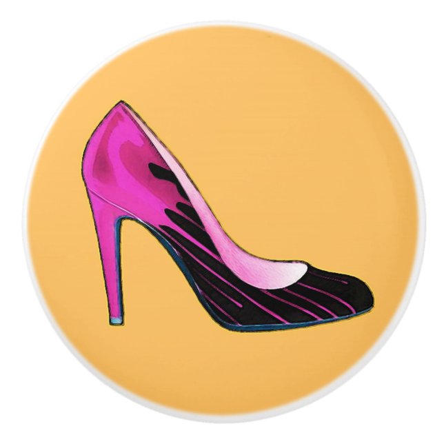 Stiletto-Pumpe, heißrosa auf orange Keramikknauf (Vorderseite)