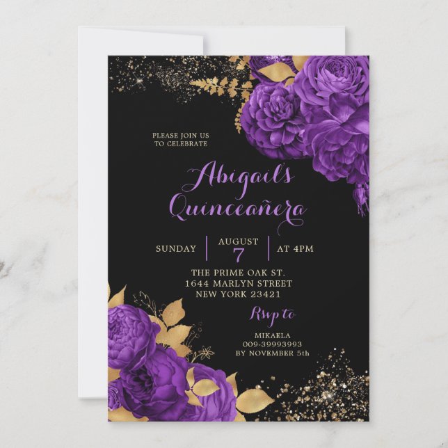 Stiletto Quinceañera, Lila Schwarzes Gold Einladung (Vorderseite)