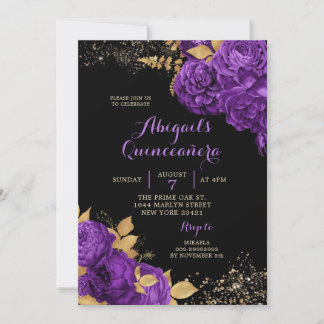 Stiletto Quinceañera, Lila Schwarzes Gold Einladung