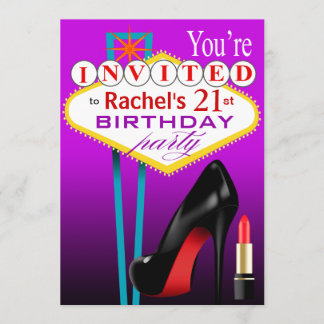 Stiletto und Lipstick Las Vegas Party lila Einladung